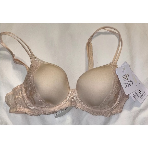 Simone Perele Bra 32B Promesse 3D Spacer Plunge 12H316 Petal Peach Nude Lace New - Picture 2 of 14
